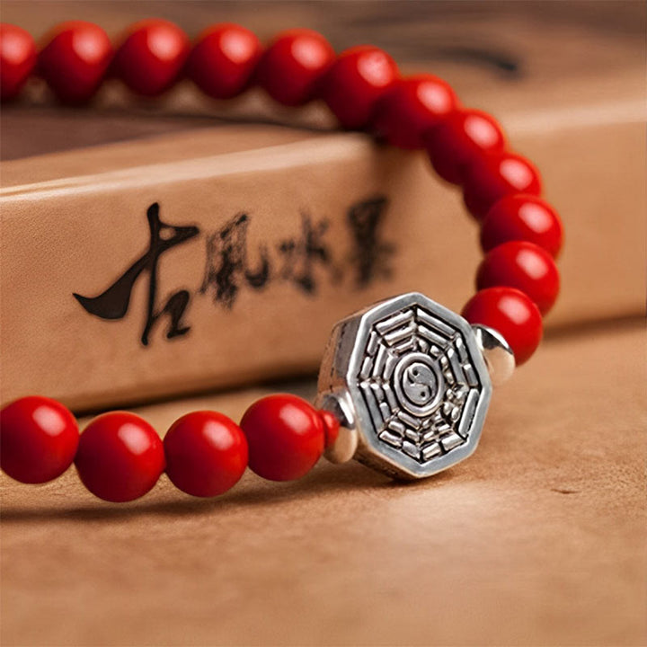 Pulsera de concentración de cuerda de cinabrio con símbolo de Yin Yang Bagua de plata de ley 925 con Buddha Stones