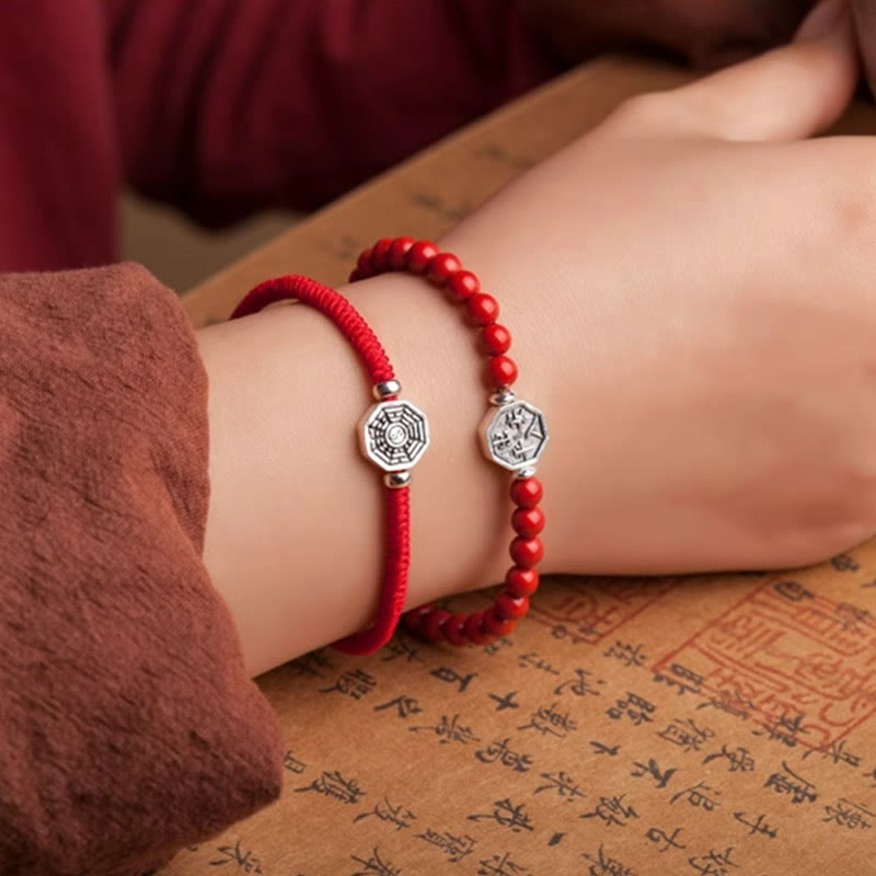 Pulsera de concentración de cuerda de cinabrio con símbolo de Yin Yang Bagua de plata de ley 925 con Buddha Stones