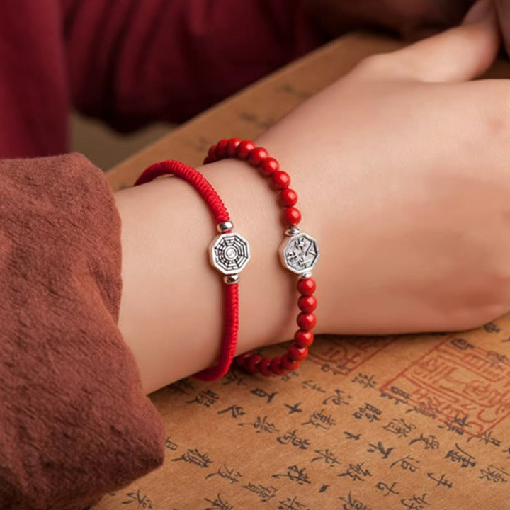 Pulsera de concentración de cuerda de cinabrio con símbolo de Yin Yang Bagua de plata de ley 925 con Buddha Stones