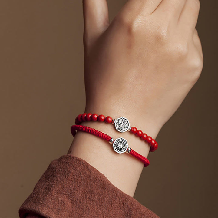 Pulsera de concentración de cuerda de cinabrio con símbolo de Yin Yang Bagua de plata de ley 925 con Buddha Stones
