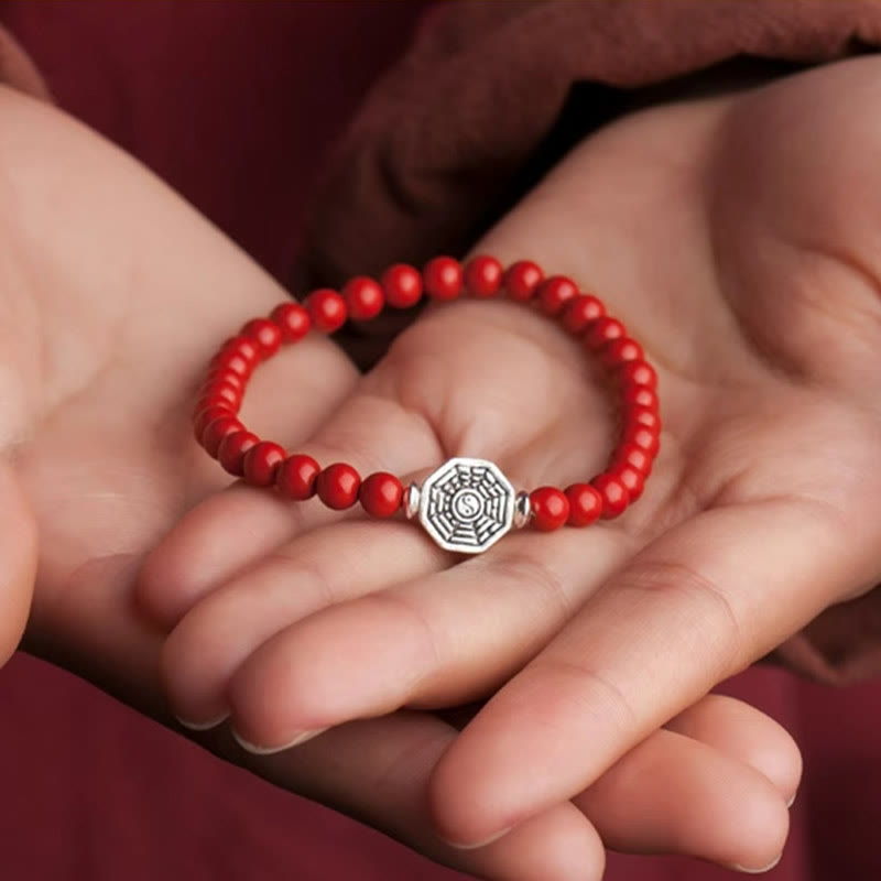 Pulsera de concentración de cuerda de cinabrio con símbolo de Yin Yang Bagua de plata de ley 925 con Buddha Stones