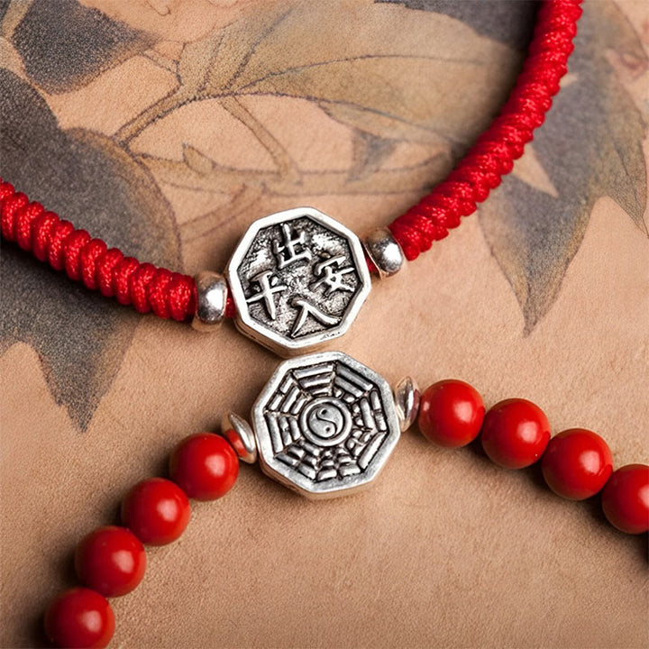 Pulsera de concentración de cuerda de cinabrio con símbolo de Yin Yang Bagua de plata de ley 925 con Buddha Stones