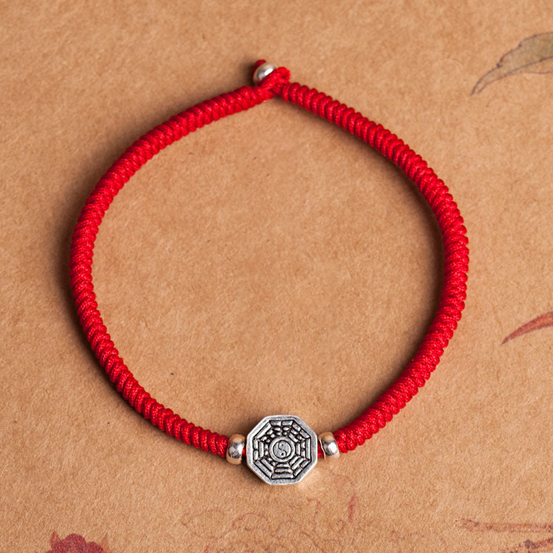 Pulsera de concentración de cuerda de cinabrio con símbolo de Yin Yang Bagua de plata de ley 925 con Buddha Stones - Cuerda roja - 23 cm - image 1