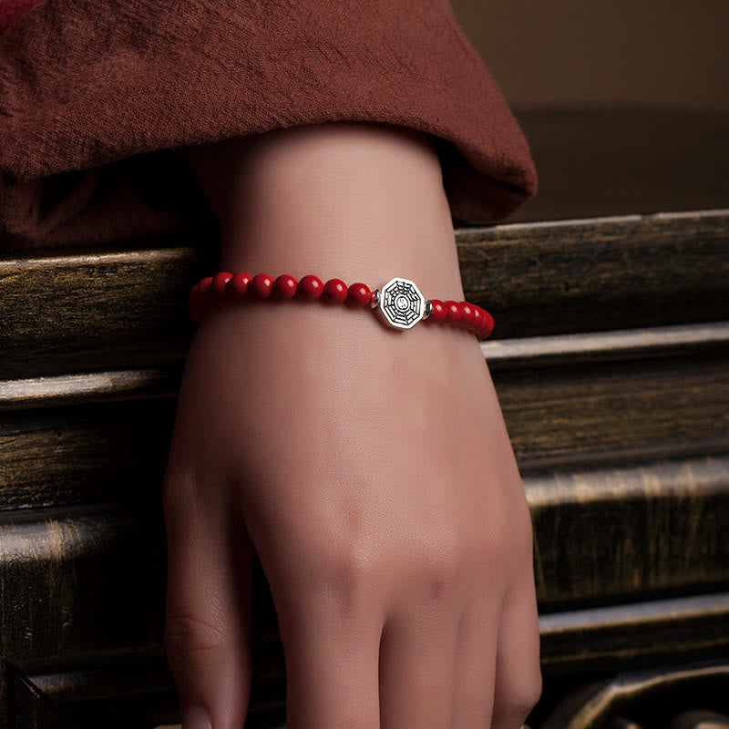 Pulsera de concentración de cuerda de cinabrio con símbolo de Yin Yang Bagua de plata de ley 925 con Buddha Stones