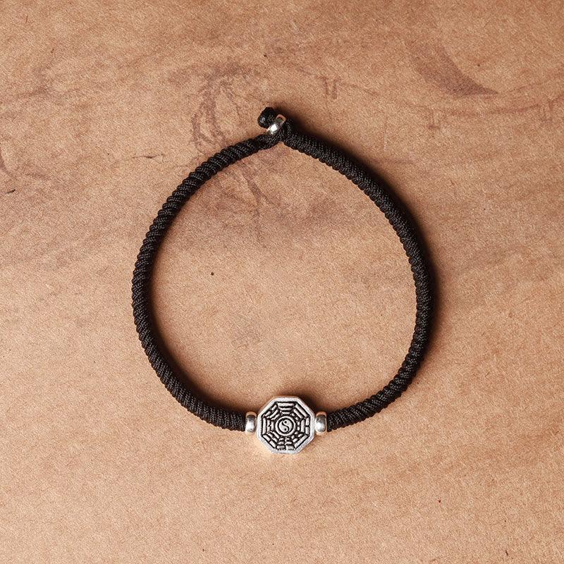 Pulsera de concentración de cuerda de cinabrio con símbolo de Yin Yang Bagua de plata de ley 925 con Buddha Stones