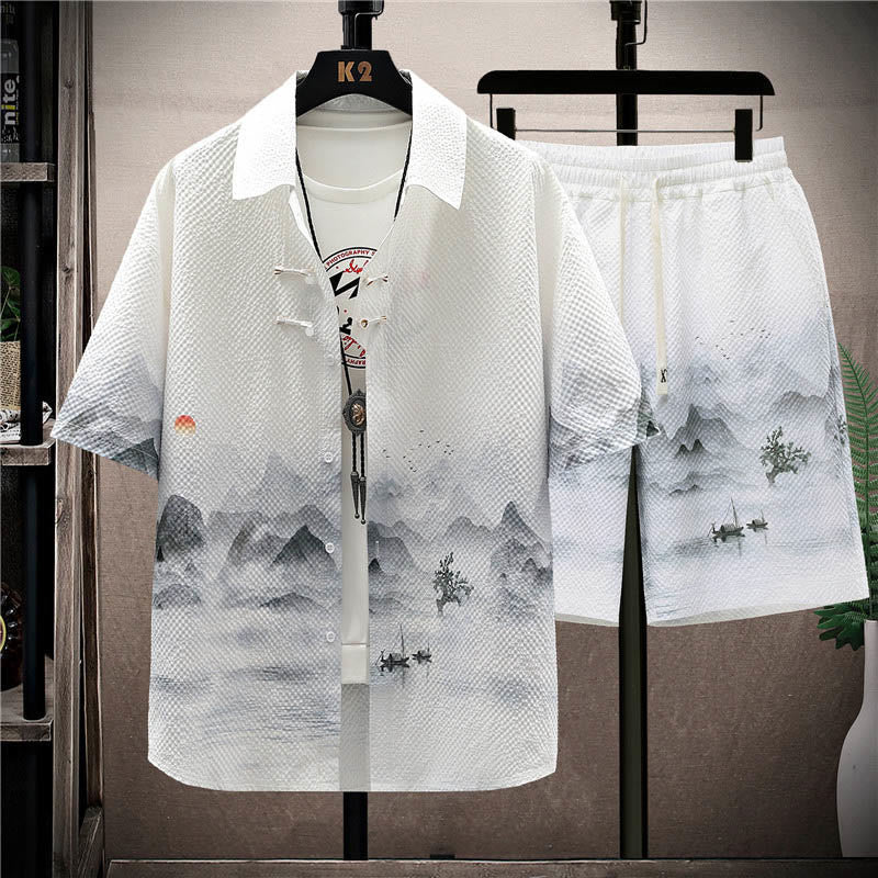 Conjunto de pantalones cortos de manga corta con estampado de urraca y árboles de coco con Buddha Stones, conjunto para hombre - image 4
