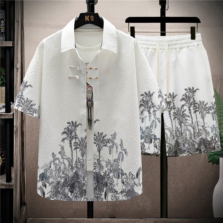 Conjunto de pantalones cortos de manga corta con estampado de urraca y árboles de coco con Buddha Stones, conjunto para hombre