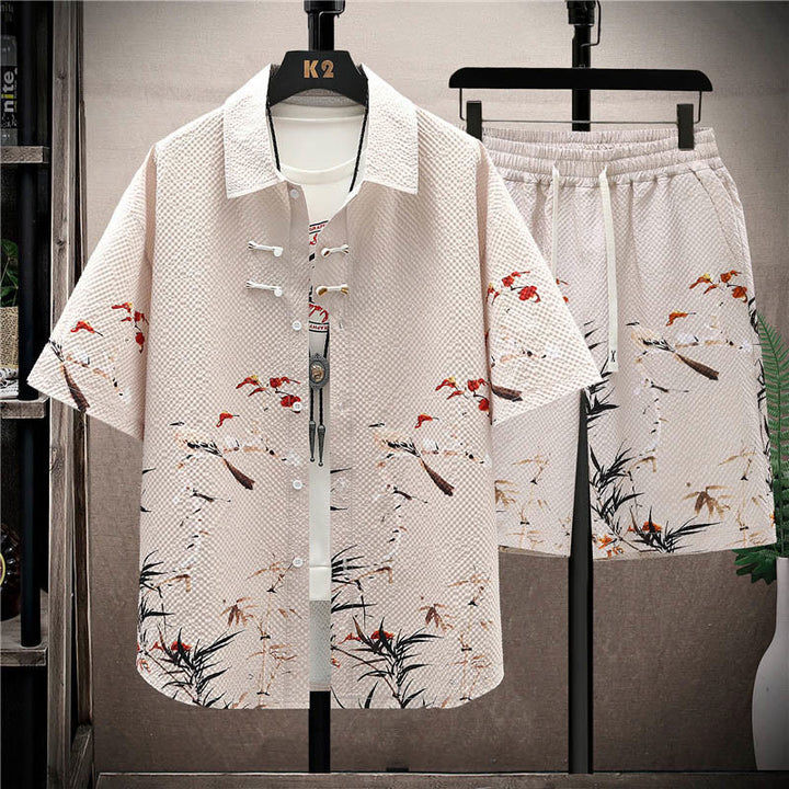 Conjunto de pantalones cortos de manga corta con estampado de urraca y árboles de coco con Buddha Stones, conjunto para hombre