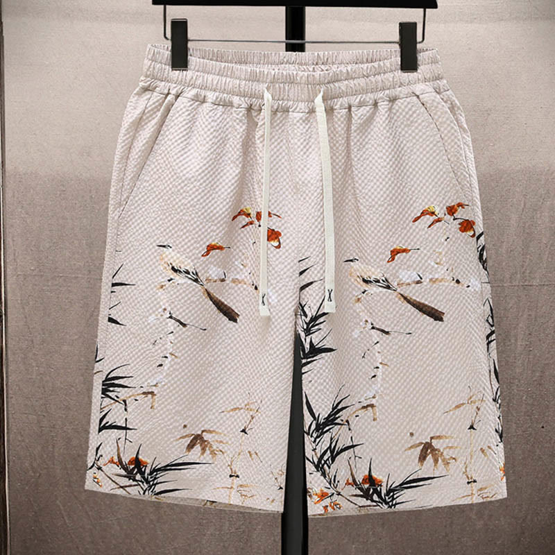 Conjunto de pantalones cortos de manga corta con estampado de urraca y árboles de coco con Buddha Stones, conjunto para hombre