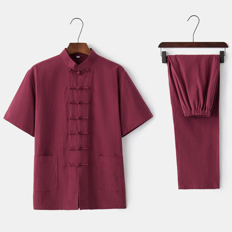 Traje Tang con botones de rana de Color sólido con piedras de Buddha Stones, conjunto tradicional de ropa de algodón y lino de manga corta con pantalones y pantalones para hombre - Rojo (Top y pantalones) - US/UK/AU44, EU54 (4XL)  - image 9