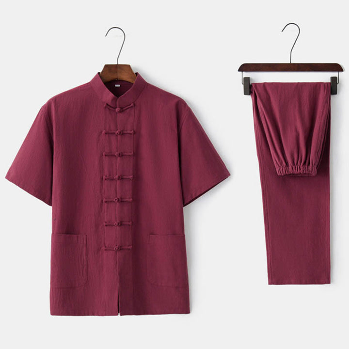 Traje Tang con botones de rana de Color sólido con piedras de Buddha Stones, conjunto tradicional de ropa de algodón y lino de manga corta con pantalones y pantalones para hombre - Rojo (Top y pantalones) - US/UK/AU44, EU54 (4XL)  - image 9