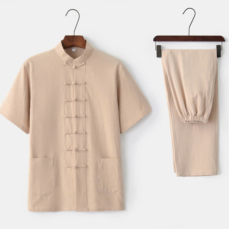 Traje Tang con botones de rana de Color sólido con piedras de Buddha Stones, conjunto tradicional de ropa de algodón y lino de manga corta con pantalones y pantalones para hombre - Beige (Top y pantalones) - US/UK/AU44, EU54 (4XL)  - image 8