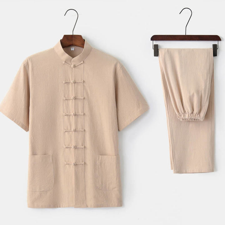 Traje Tang con botones de rana de Color sólido con piedras de Buddha Stones, conjunto tradicional de ropa de algodón y lino de manga corta con pantalones y pantalones para hombre - Beige (Top y pantalones) - US/UK/AU44, EU54 (4XL)  - image 8