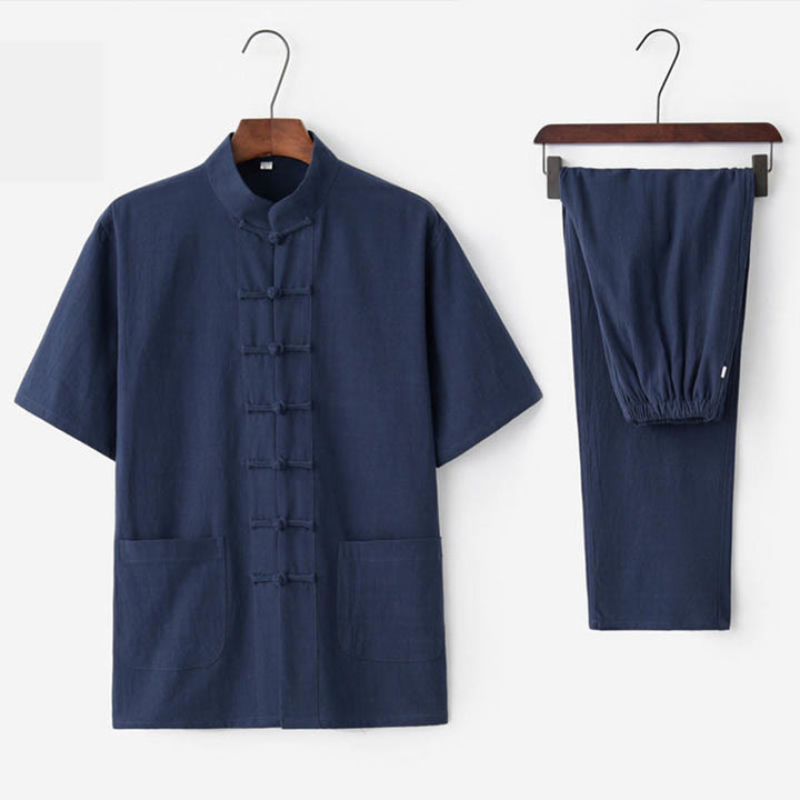 Traje Tang con botones de rana de Color sólido con piedras de Buddha Stones, conjunto tradicional de ropa de algodón y lino de manga corta con pantalones y pantalones para hombre - Azul marino (Top y pantalones) - US/UK/AU44, EU54 (4XL)  - image 7