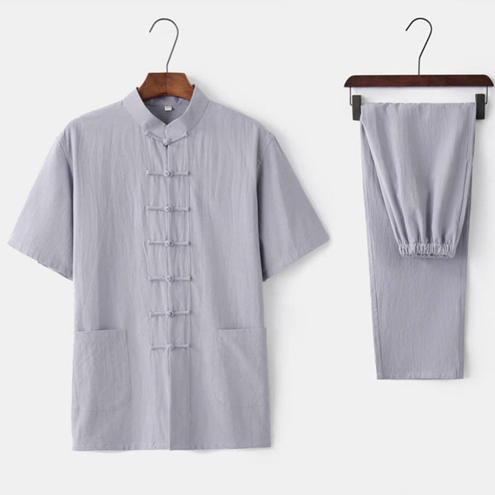 Traje Tang con botones de rana de Color sólido con piedras de Buddha Stones, conjunto tradicional de ropa de algodón y lino de manga corta con pantalones y pantalones para hombre - Gris (Top y pantalones) - US/UK/AU44, EU54 (4XL)  - image 2