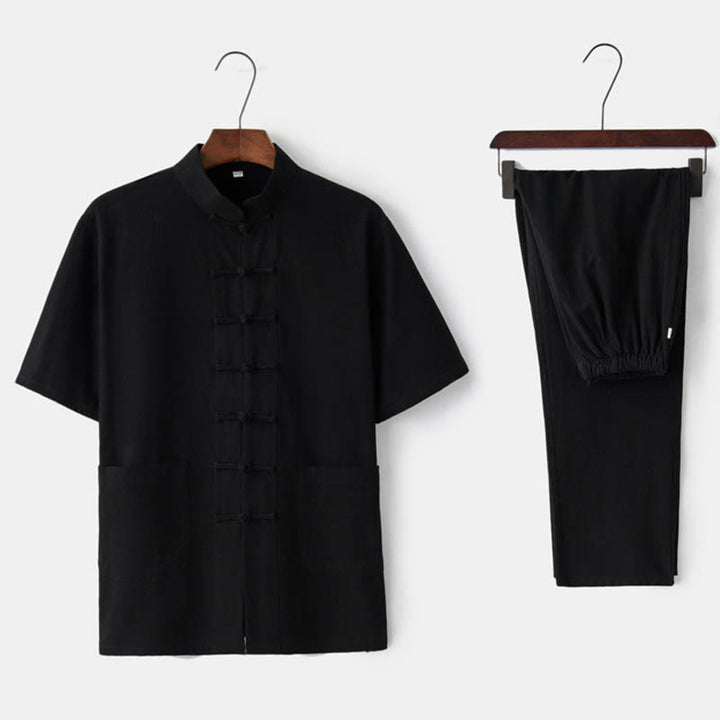 Traje Tang con botones de rana de Color sólido con piedras de Buddha Stones, conjunto tradicional de ropa de algodón y lino de manga corta con pantalones y pantalones para hombre - Negro (Top y pantalón) - US/UK/AU44, EU54 (4XL)  - image 6