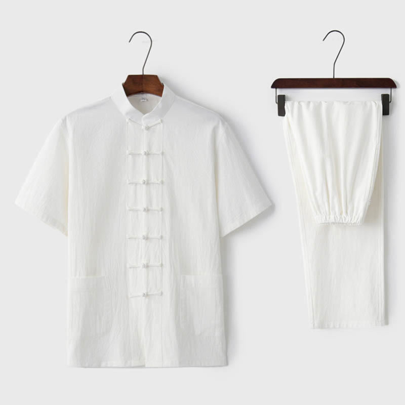 Traje Tang con botones de rana de Color sólido con piedras de Buddha Stones, conjunto tradicional de ropa de algodón y lino de manga corta con pantalones y pantalones para hombre - Blanco (Top y pantalones) - US/UK/AU44, EU54 (4XL)  - image 5