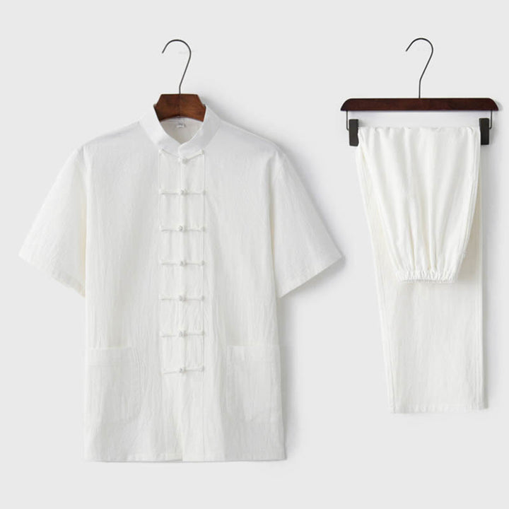 Traje Tang con botones de rana de Color sólido con piedras de Buddha Stones, conjunto tradicional de ropa de algodón y lino de manga corta con pantalones y pantalones para hombre - Blanco (Top y pantalones) - US/UK/AU44, EU54 (4XL)  - image 5