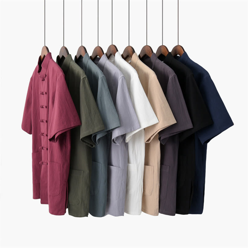 Traje Tang con botones de rana de Color sólido con piedras de Buddha Stones, conjunto tradicional de ropa de algodón y lino de manga corta con pantalones y pantalones para hombre - image 1