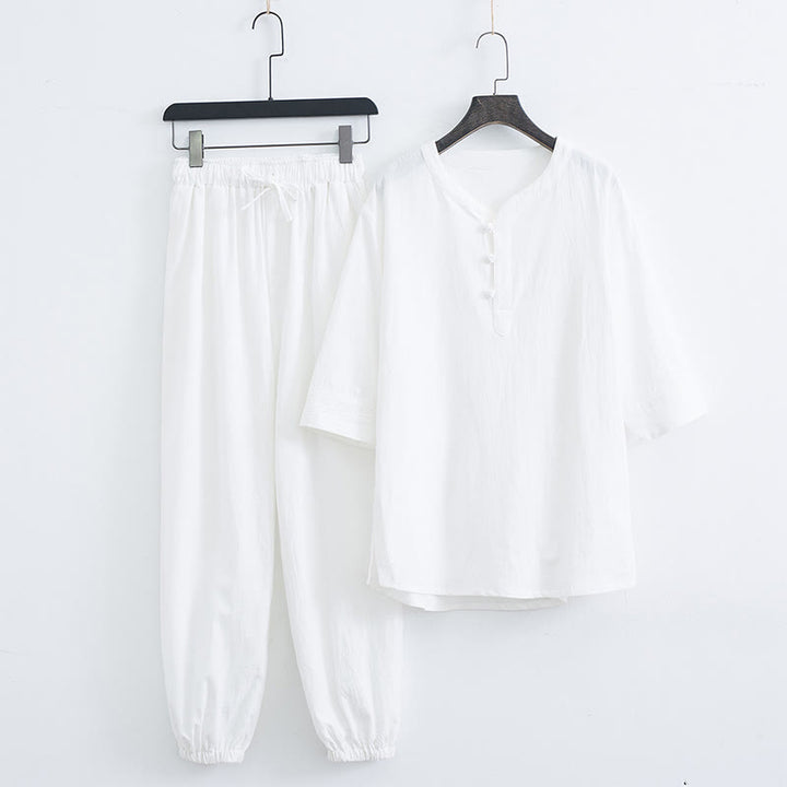 Buddha Stones Color sólido tradicional algodón lino manga corta camiseta pantalones ropa conjunto para hombres - Blanco (Top y pantalones) - US/UK/AU44, EU54 (4XL) - image 8