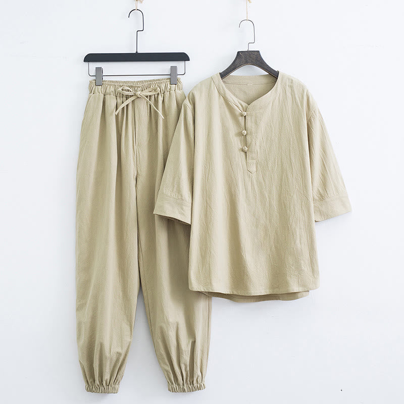 Buddha Stones Color sólido tradicional algodón lino manga corta camiseta pantalones ropa conjunto para hombres - Beige (Top y pantalones) - US/UK/AU44, EU54 (4XL) - image 13