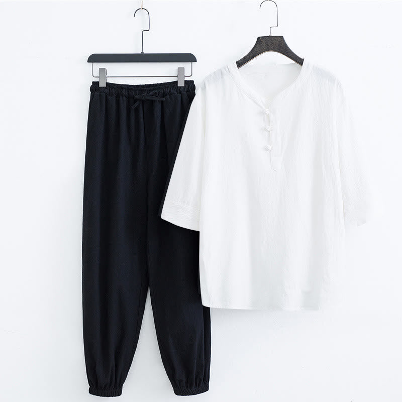 Buddha Stones Color sólido tradicional algodón lino manga corta camiseta pantalones ropa conjunto para hombres - Camisa blanca y pantalón negro (parte superior y pantalón) - US/UK/AU44, EU54 (4XL) - image 11