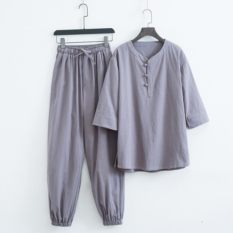 Buddha Stones Color sólido tradicional algodón lino manga corta camiseta pantalones ropa conjunto para hombres - Gris (Top y pantalones) - US/UK/AU44, EU54 (4XL) - image 7