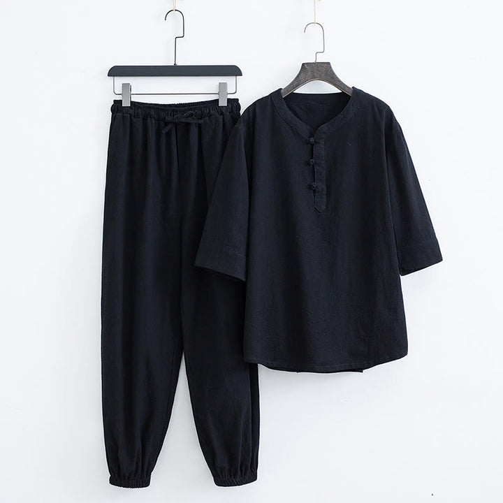 Buddha Stones Color sólido tradicional algodón lino manga corta camiseta pantalones ropa conjunto para hombres - Negro (Top y pantalones) - US/UK/AU44, EU54 (4XL) - image 9