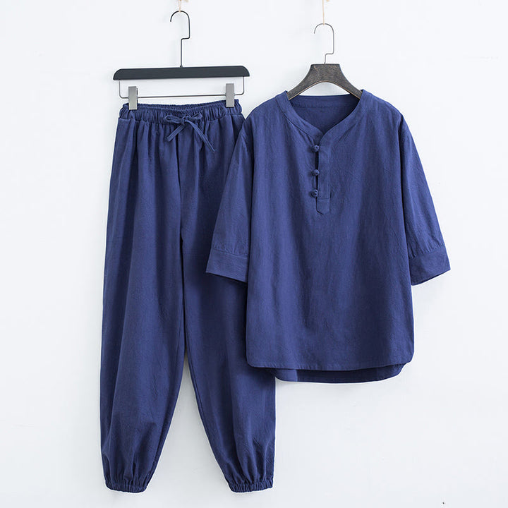 Buddha Stones Color sólido tradicional algodón lino manga corta camiseta pantalones ropa conjunto para hombres - Azul marino (Top y pantalones) - US/UK/AU44, EU54 (4XL) - image 12