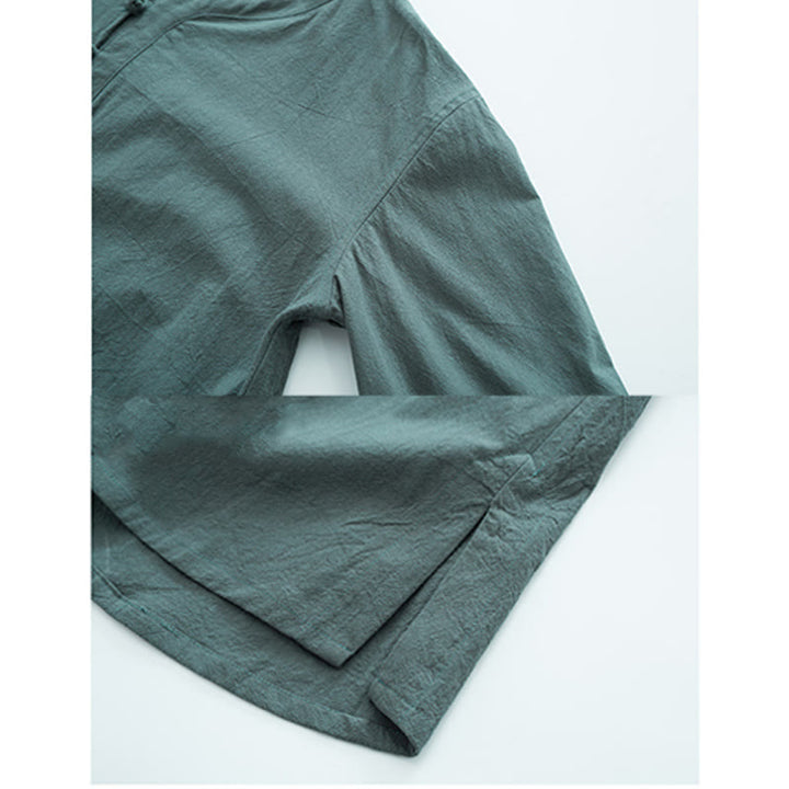 Buddha Stones Color sólido tradicional algodón lino manga corta camiseta pantalones ropa conjunto para hombres - image 2