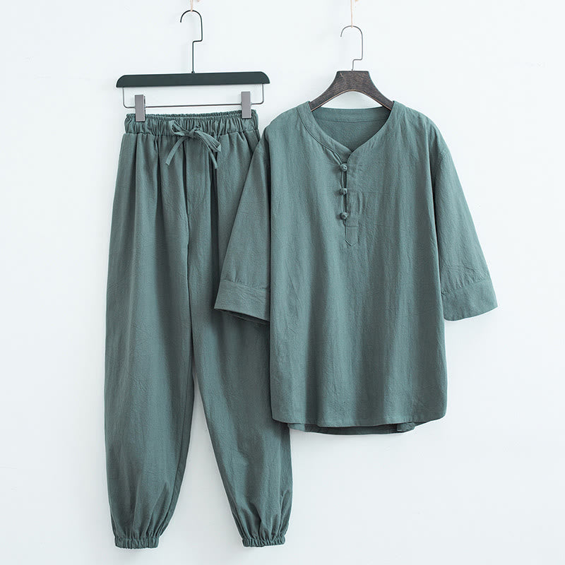 Buddha Stones Color sólido tradicional algodón lino manga corta camiseta pantalones ropa conjunto para hombres - Verde (Top y pantalones) - US/UK/AU44, EU54 (4XL) - image 0