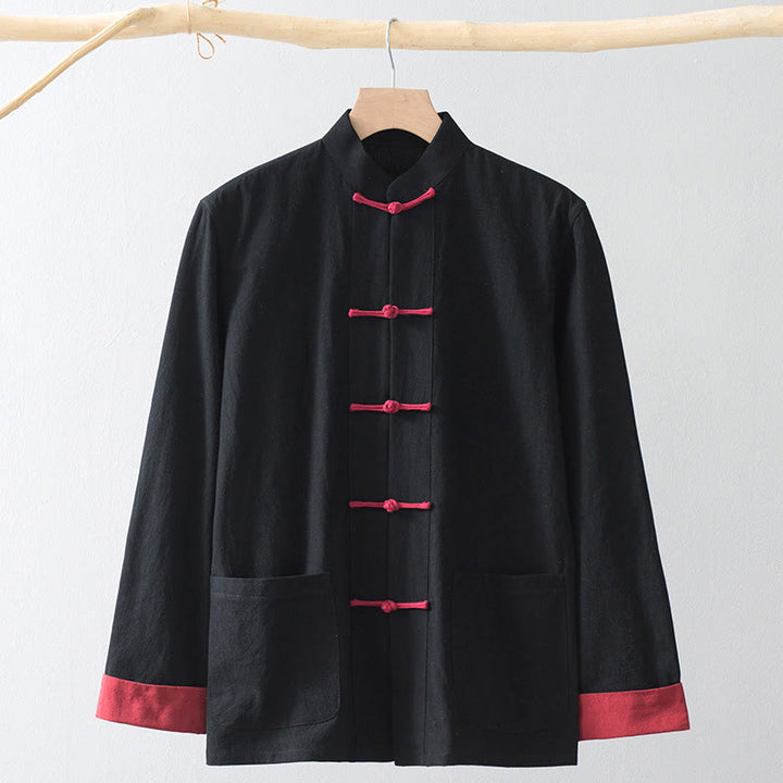 Camisa de traje chino Tang con estampado de Buddha Stones de rana, chaqueta de lino y algodón para hombre. - Camisa negra y botón de rana roja - US/UK/AU44, EU54 (4XL) - image 0