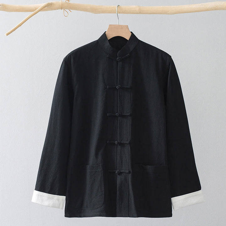 Buddha Stones Rana Botón Chino Tang Traje Camisa Algodón Lino Hombres Chaqueta Ropa - Camisa negra y botón de rana blanca - US/UK/AU44, EU54 (4XL) - image 3