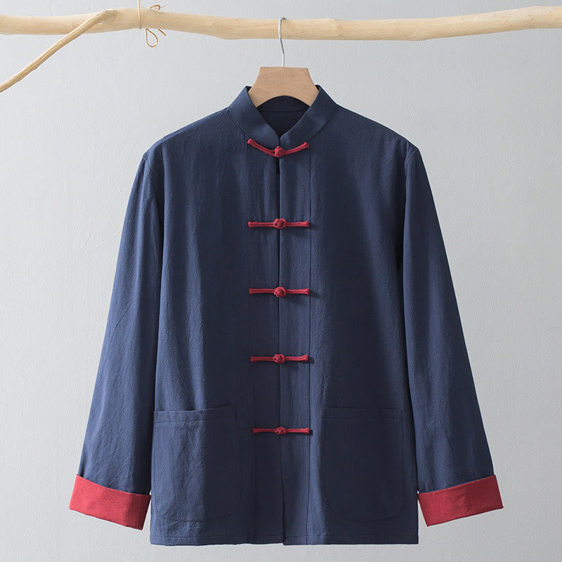 Buddha Stones Rana Botón Chino Tang Traje Camisa Algodón Lino Hombres Chaqueta Ropa - Camisa azul y botón de rana roja - US/UK/AU44, EU54 (4XL) - image 13