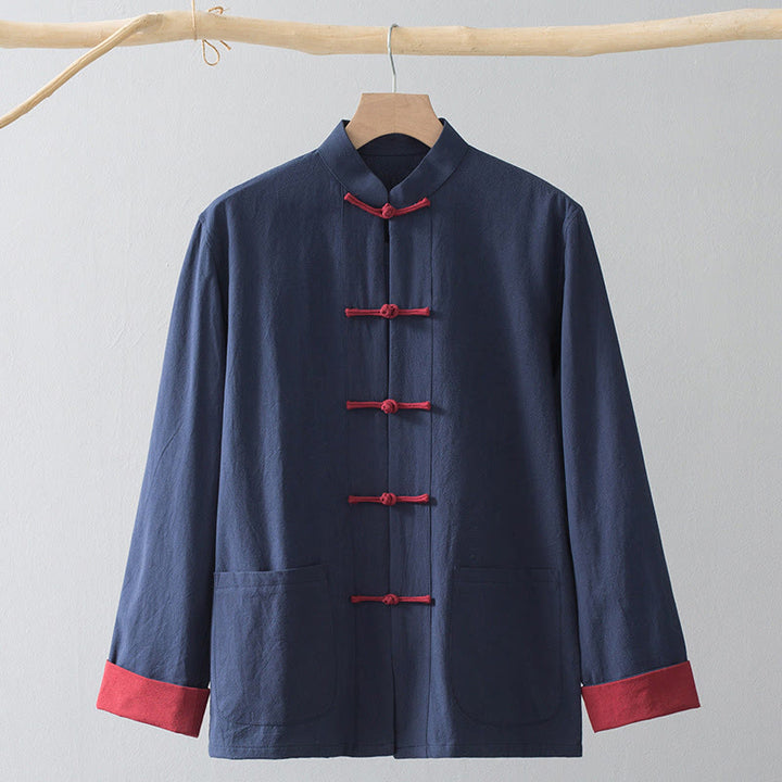 Buddha Stones Rana Botón Chino Tang Traje Camisa Algodón Lino Hombres Chaqueta Ropa - Camisa azul y botón de rana roja - US/UK/AU44, EU54 (4XL) - image 12