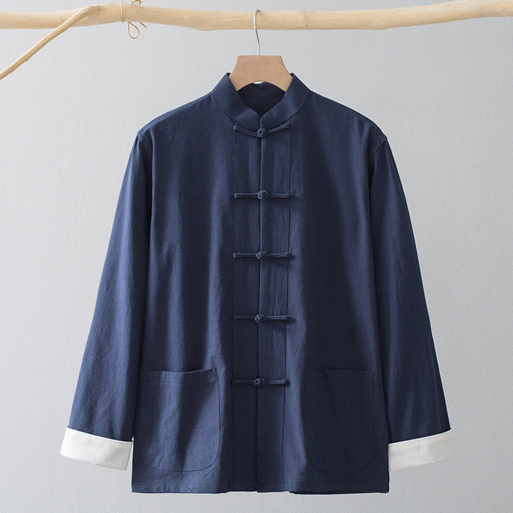 Buddha Stones Rana Botón Chino Tang Traje Camisa Algodón Lino Hombres Chaqueta Ropa - Camisa azul y botón de rana blanca - US/UK/AU44, EU54 (4XL) - image 6