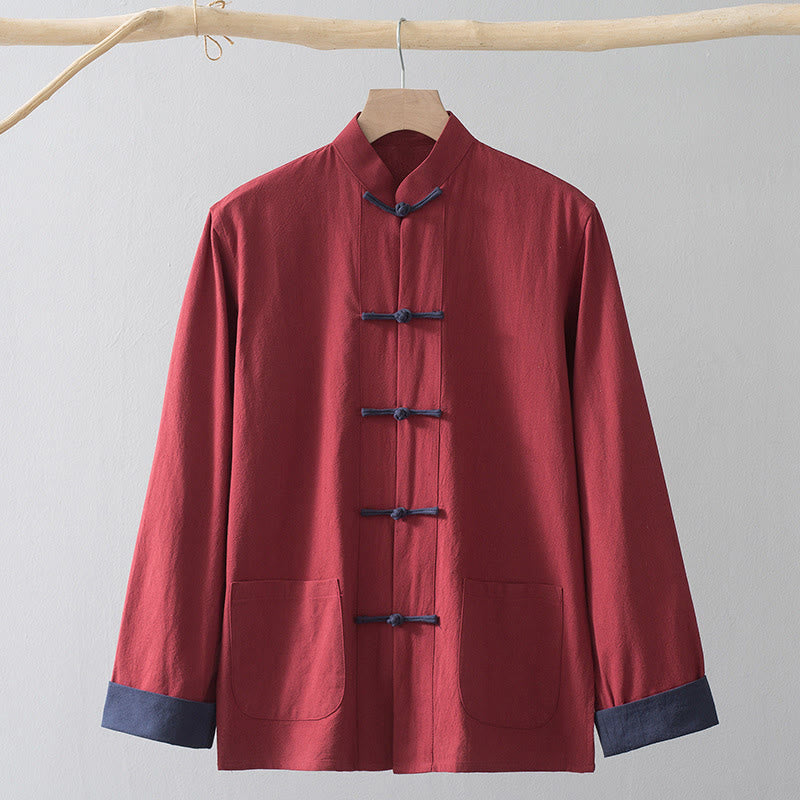 Buddha Stones Rana Botón Chino Tang Traje Camisa Algodón Lino Hombres Chaqueta Ropa - Camisa roja y botón de rana azul - US/UK/AU44, EU54 (4XL) - image 16