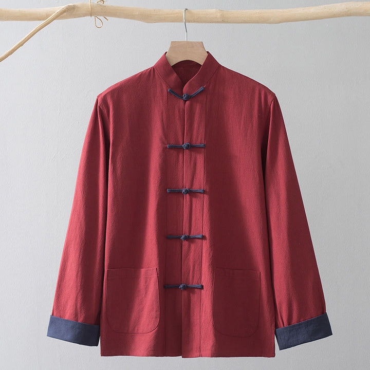 Buddha Stones Rana Botón Chino Tang Traje Camisa Algodón Lino Hombres Chaqueta Ropa - Camisa roja y botón de rana azul - US/UK/AU44, EU54 (4XL) - image 16