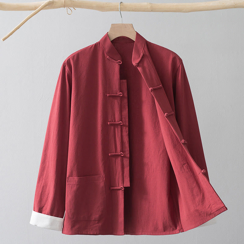 Buddha Stones Rana Botón Chino Tang Traje Camisa Algodón Lino Hombres Chaqueta Ropa - Camisa roja y botón de rana blanca - US/UK/AU44, EU54 (4XL) - image 15