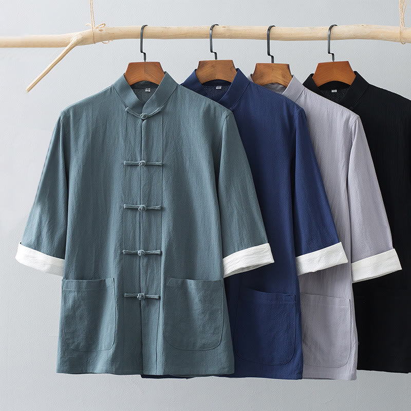 Buddha Stones Botón de Rana Traje Chino Camisa de Media Manga Ropa de Hombre de algodón con Bolsillos - image 0