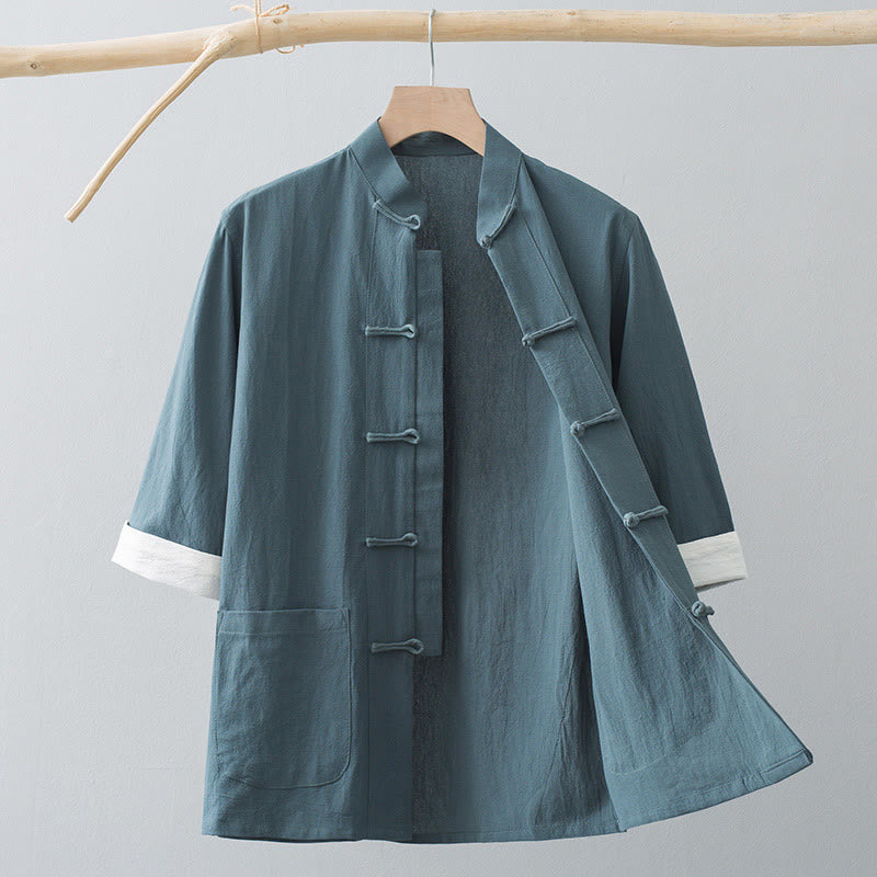 Buddha Stones Botón de Rana Traje Chino Camisa de Media Manga Ropa de Hombre de algodón con Bolsillos - Gris verde - US/UK/AU44, EU54 (4XL) - image 2