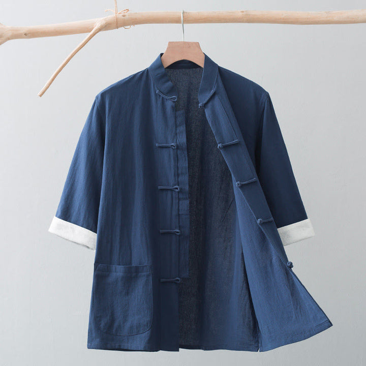 Buddha Stones Botón de Rana Traje Chino Camisa de Media Manga Ropa de Hombre de algodón con Bolsillos - Azul marino - US/UK/AU44, EU54 (4XL) - image 15