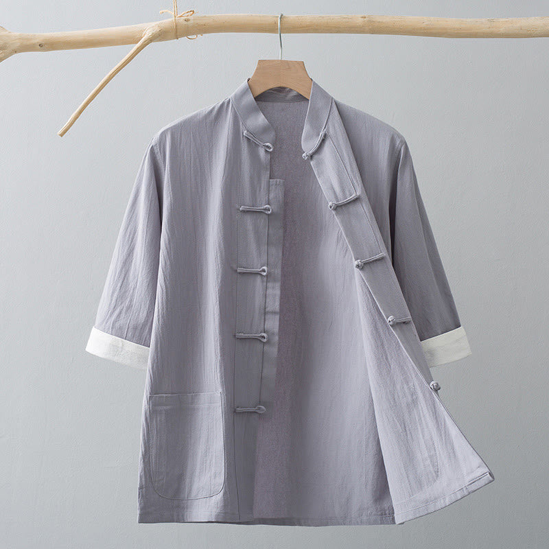 Buddha Stones Botón de Rana Traje Chino Camisa de Media Manga Ropa de Hombre de algodón con Bolsillos - Gris - US/UK/AU44, EU54 (4XL) - image 11