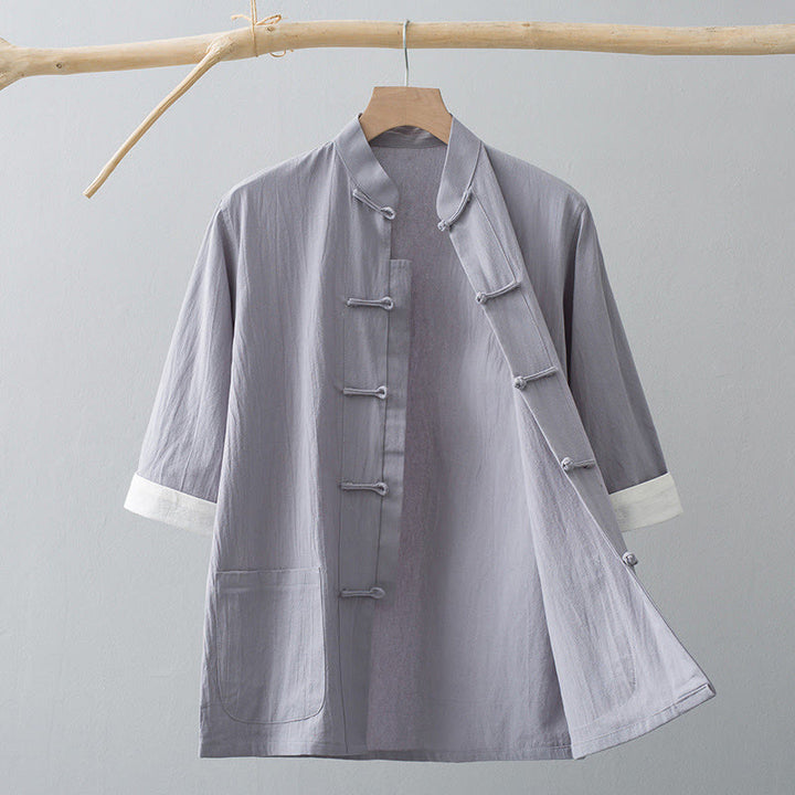 Buddha Stones Botón de Rana Traje Chino Camisa de Media Manga Ropa de Hombre de algodón con Bolsillos - Gris - US/UK/AU44, EU54 (4XL) - image 11