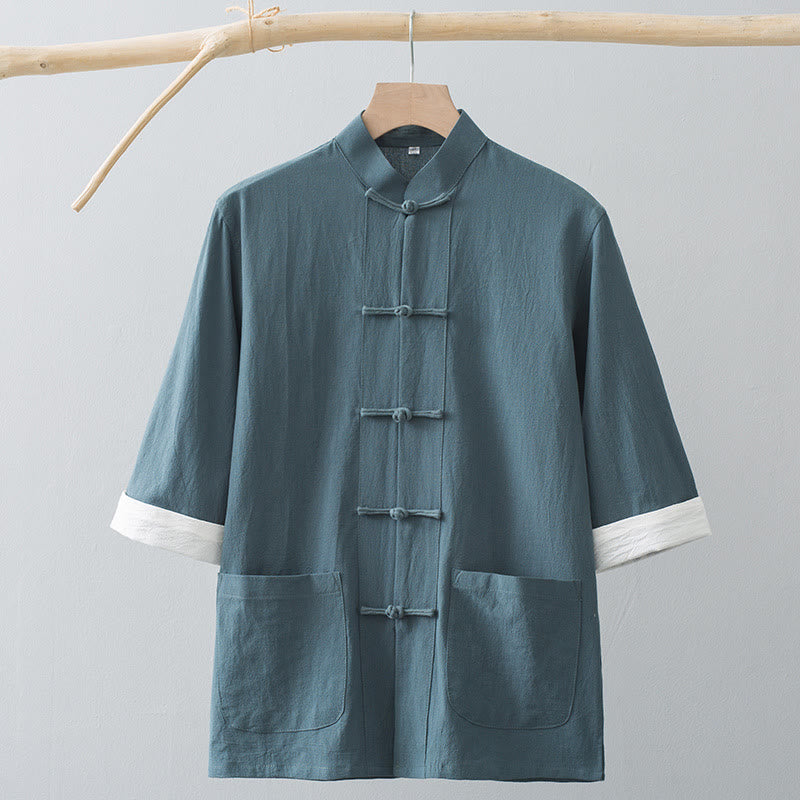 Buddha Stones Botón de Rana Traje Chino Camisa de Media Manga Ropa de Hombre de algodón con Bolsillos - image 3
