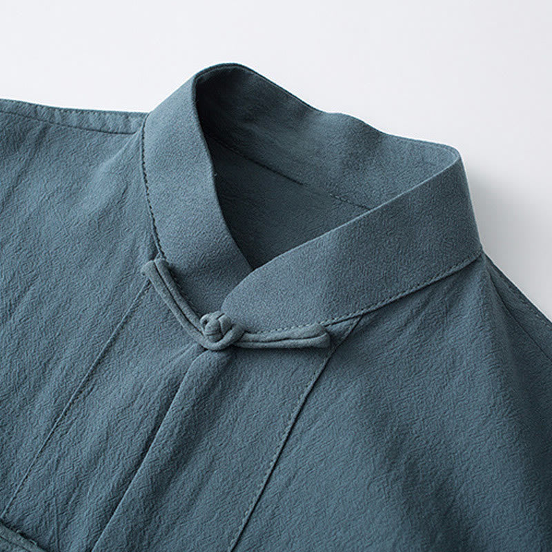 Buddha Stones Botón de Rana Traje Chino Camisa de Media Manga Ropa de Hombre de algodón con Bolsillos - image 3