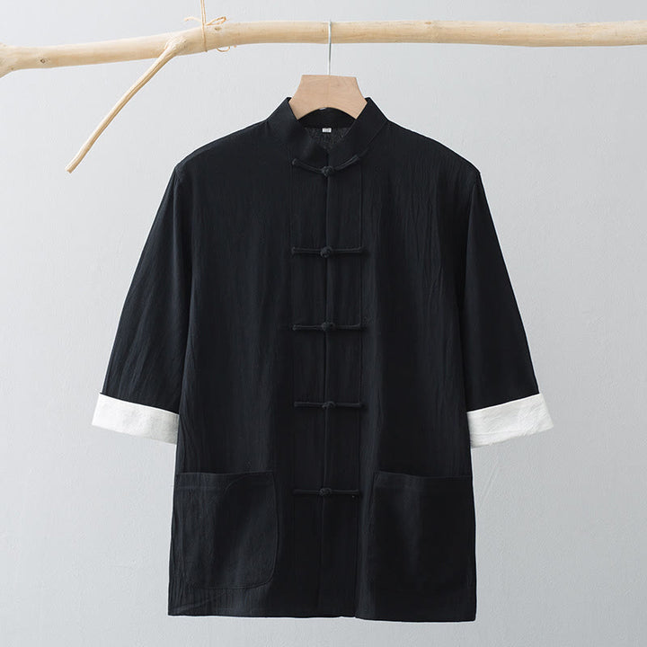 Buddha Stones Botón de Rana Traje Chino Camisa de Media Manga Ropa de Hombre de algodón con Bolsillos - image 14