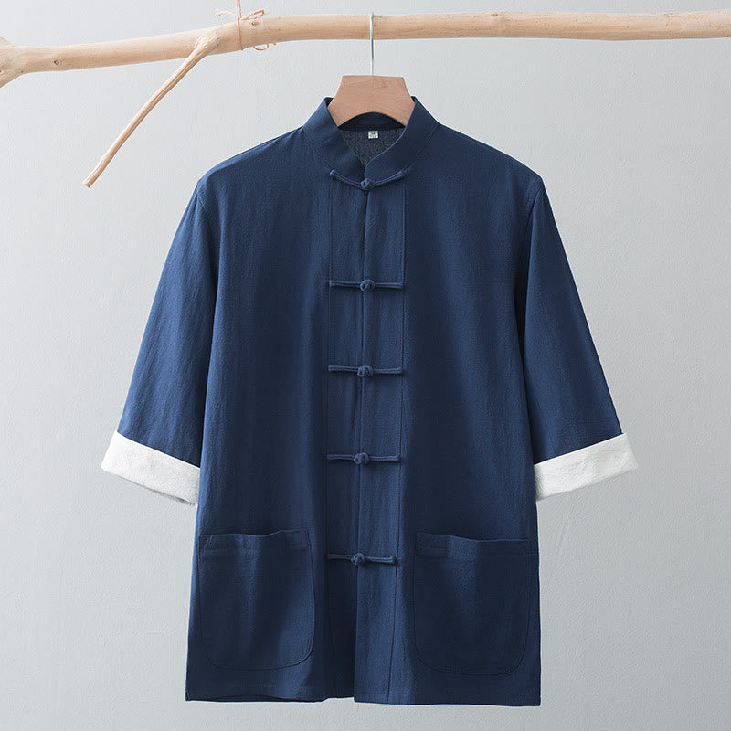 Buddha Stones Botón de Rana Traje Chino Camisa de Media Manga Ropa de Hombre de algodón con Bolsillos - image 16