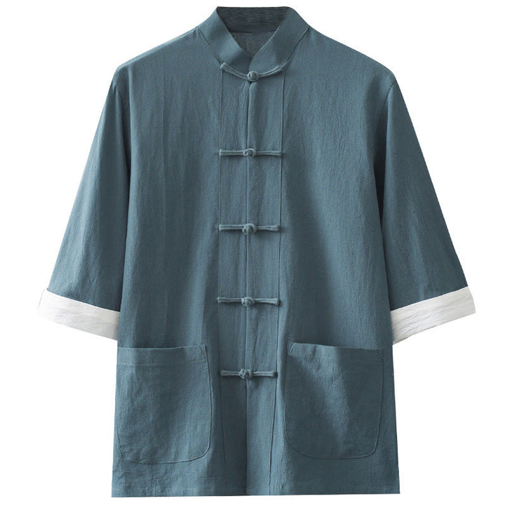 Buddha Stones Botón de Rana Traje Chino Camisa de Media Manga Ropa de Hombre de algodón con Bolsillos - image 9