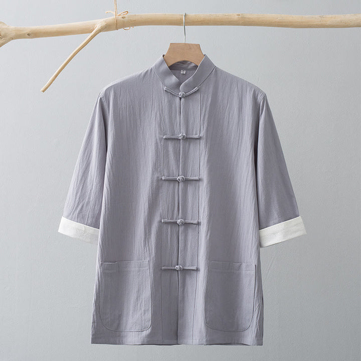 Buddha Stones Botón de Rana Traje Chino Camisa de Media Manga Ropa de Hombre de algodón con Bolsillos - image 12
